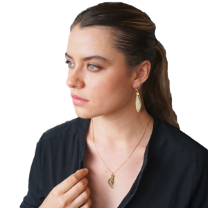 Australian actress Bonnie Ferguson wears gold cicada wing jewellery Model wearing cicada wing jewelry
